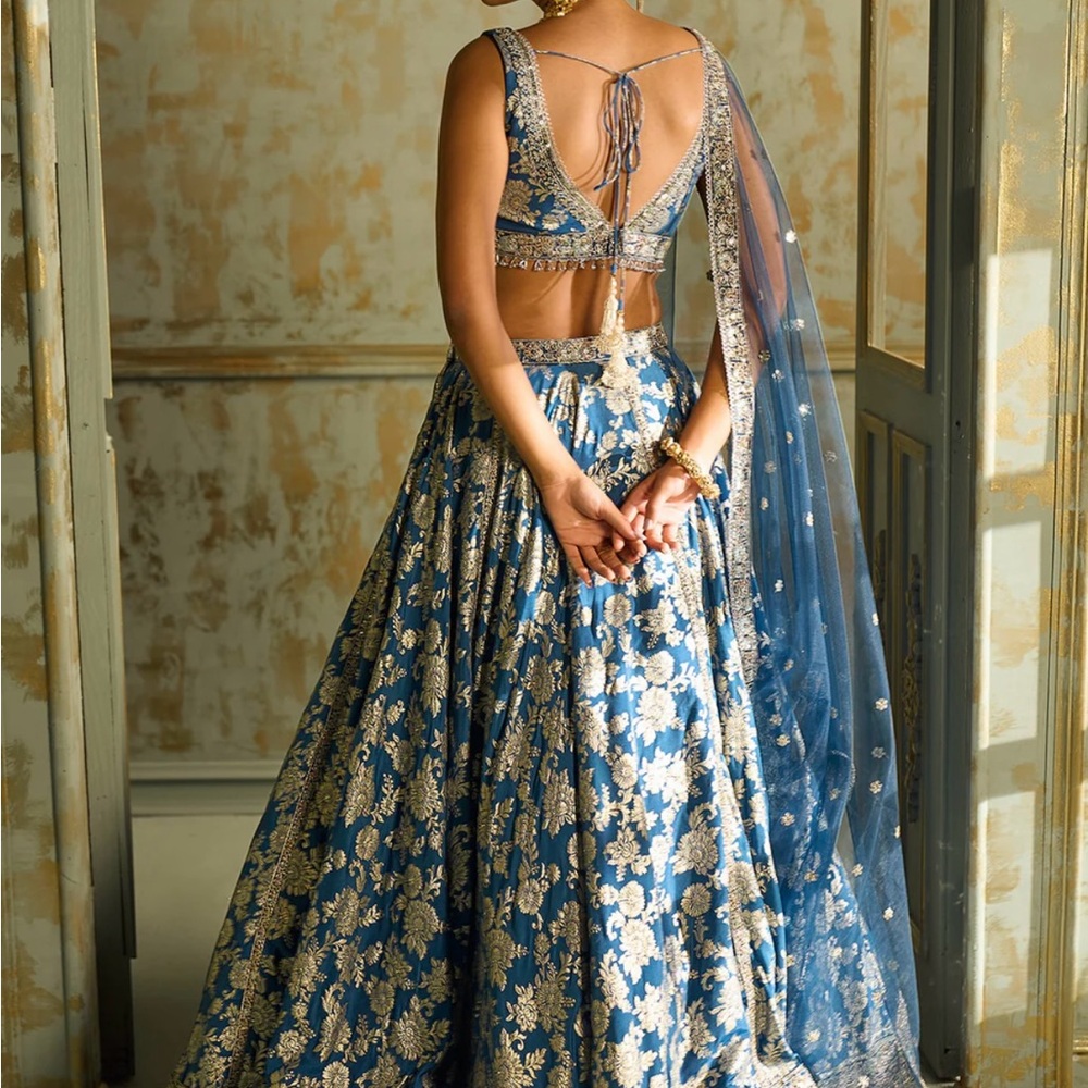 Elegant Blue and Gold Lehenga - Picture 2 of 3
